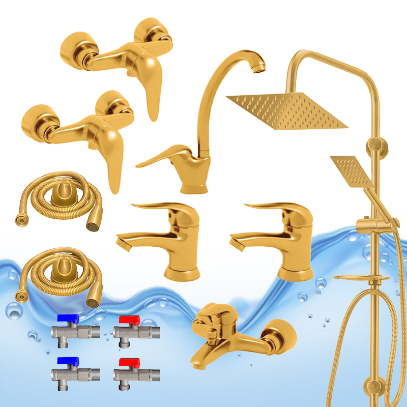 ست ۱۳ عددی شیرآلات برند آیدا صنعت مدل دنیز | شیر ظرفشوییدو عدد شیر روشوییشیر حمامشیر توالتعلم دوش یونیورست صفحه استیلدو عدد شلنگ توالتدو عدد شلنگ استیلچهار عدد شیر پیسوار | طلایی مات