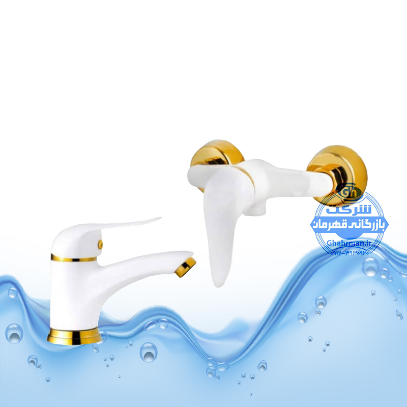 ست ۲ عددی شیر روشویی و شیر توالت اهرمی | سفید طلایی | شیرآلات برند آیدا صنعت مدل دنیز