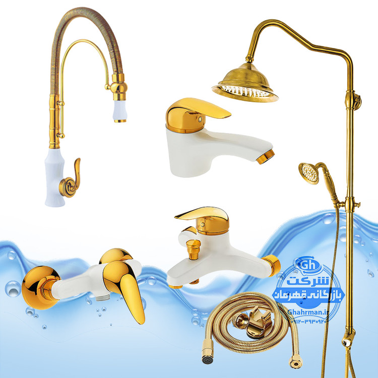 ست ۶ عددی شیرآلات برند آیدا صنعت مدل اردکی | سفید طلایی | ظرفشویی بامبو فنری + علم دوش شیپوری