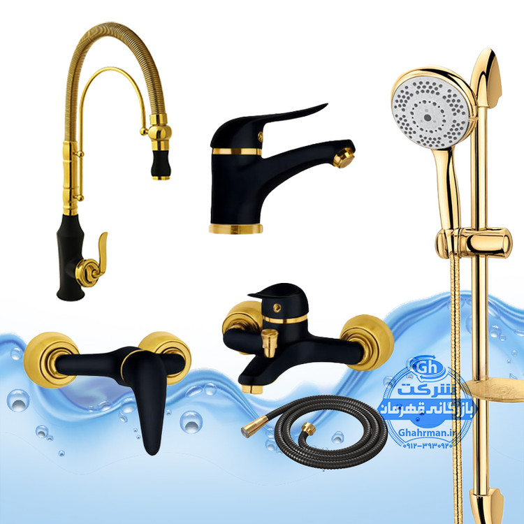 ست ۶ عددی شیرآلات برند آیدا صنعت مدل دنیز | مشکی طلایی | ظرفشویی فنری بامبو + علم دوش یونیکا