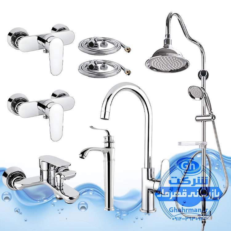ست ۸ عددی شیرآلات برند آیدا صنعت مدل ونتو | شیر ظرفشویی + روشویی پایهبلند + حمام + دو عدد توالت + علم دوش یونیورست شیپوری + دو شلنگ توالت | کروم براق ( استیل براق )