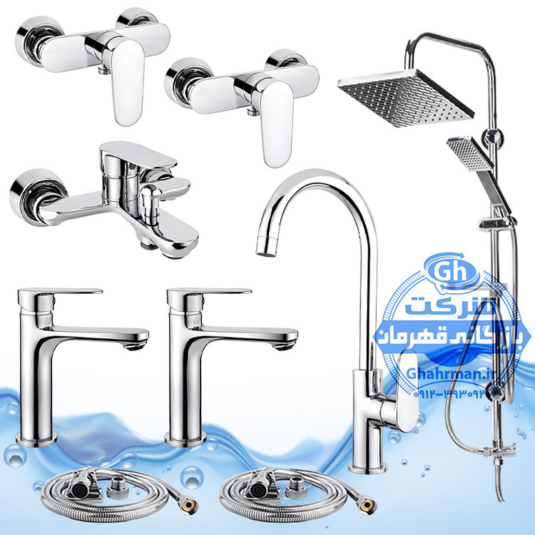 ست ۹ عددی شیرآلات برند آیدا صنعت مدل ونتو | شیر ظرفشویی + دو عدد روشویی + حمام + دو عدد توالت + علم دوش یونیورست رسوبگیر اتومات + دو شلنگ توالت | کروم براق ( استیل براق )