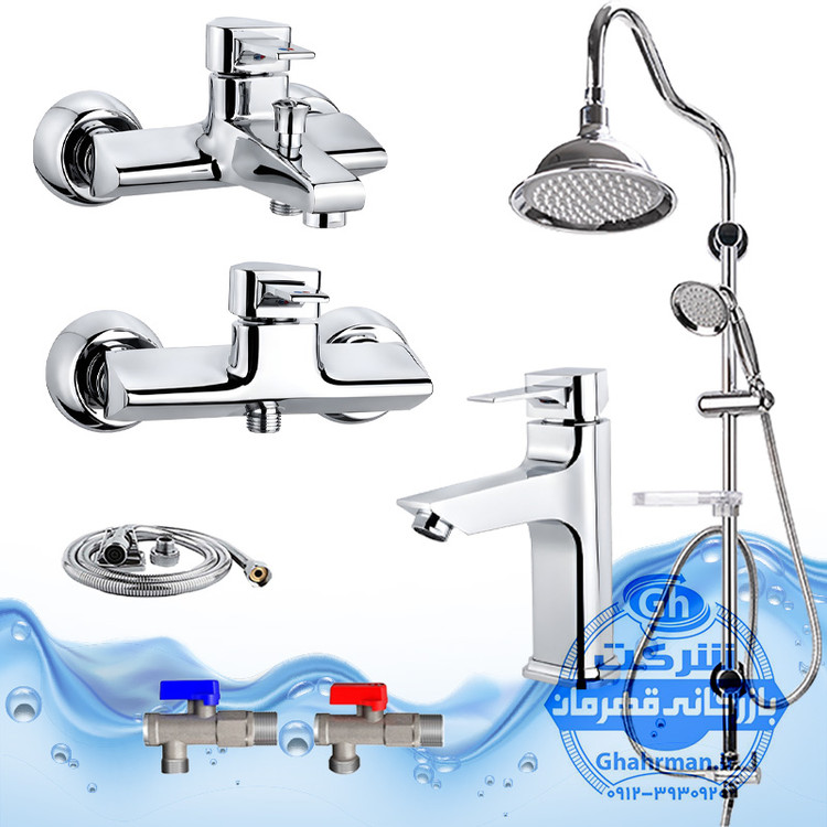 ست ۷ عددی شیرآلات برند آیدا صنعت مدل برمودا | شیر روشویی + حمام + توالت + علم دوش شیپوری + شلنگ توالت + ۲ عدد شیر پیسوار | کروم براق ( استیل براق )